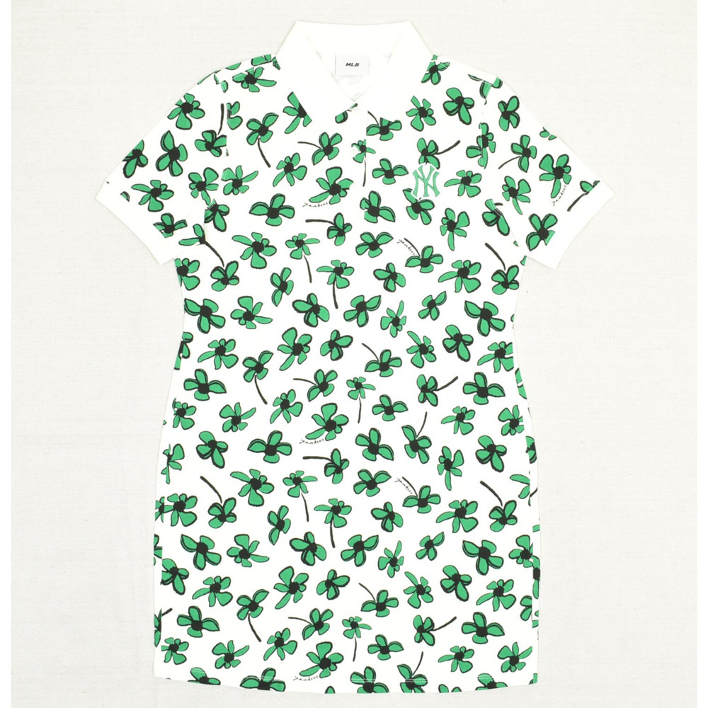 MLB Women's Polo Dress Short Sleeve Floral Cotton Blend White Size S NY Yankees
